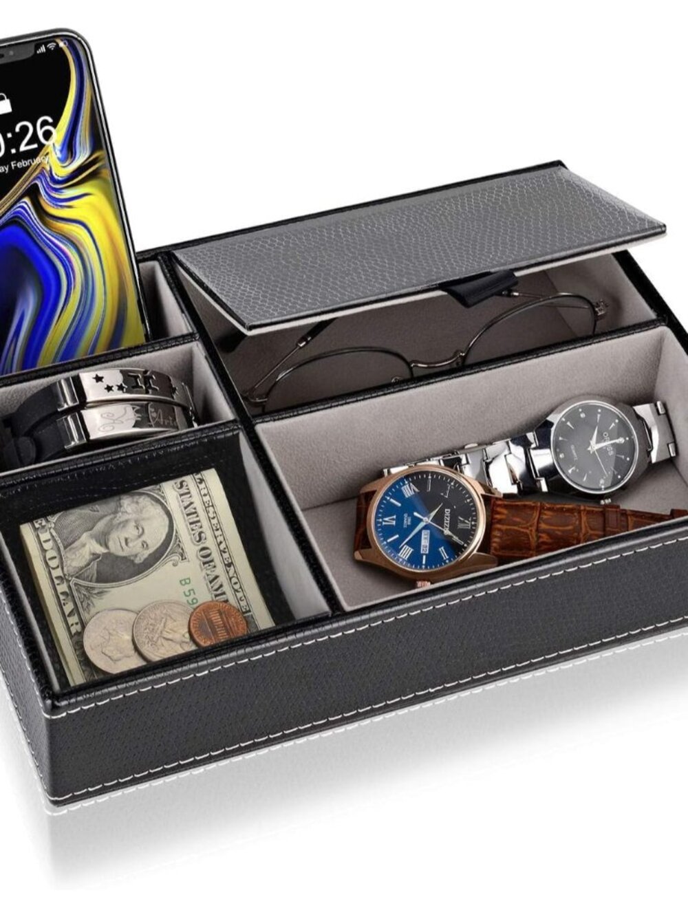 Men's Valet Tray, Faux Leather Valet Box, EDC Catch All Tray, Dresser Top Nights